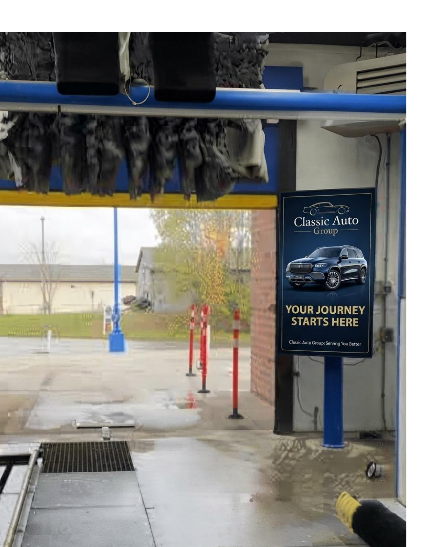 Vertical digital display installed beside car wash exit, as shown in Gigantic Media deck